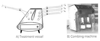 FIGURE 1 (A) The schematic of a glass treatment vessel shows all the required components: housing for a quartz-covered UV lamp, three tube entrances for pressurised gas flow, one tube exit, appropriate tubing and valves, entry ports along the roof of the vessel to inject silane via a syringe, and a door to introduce and remove racks of glass coverslips. (B) This combing machine, which can comb two coverslips at a time from two different reservoirs, is currently used at Institut Pasteur.