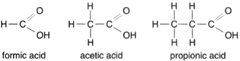 Structural formulas for formic acid, acetic acid, and propionic acid.