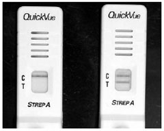 An enzyme immunoassay kit for “strep” throat. The left side illustrates a negative test, with only the control (C) line positive. On the right, both the control (C) and patient specimen (T) are positive as illustrated by the appearance of two lines.