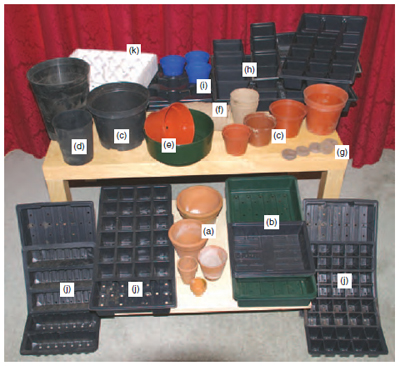 Figure 12.2 Range of containers for growing plants: (a) traditional clay pots (b) standard seed tray and half tray (c) standard plastic pots in range of sizes, compared with (d) ‘long toms’ and (e) half pots (f) biodegradable pots (g) compressed blocks (h) square or (i) round pots in trays (j) various ‘ strips ’ in trays and (k) typical commercial polystyrene bedding plant tray.
