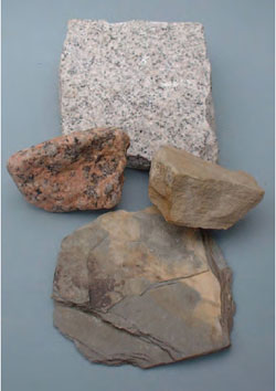 Figure 17.3 Rocks. Granite: pink (left) silver (top) sandstone (right) slate (bottom)