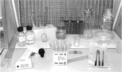 FIGURE 2 Typical items used to prepare Drosophila gastrula stage embryo cultures are arranged in a small laminar flow hood.