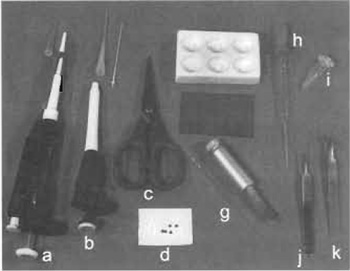 FIGURE 1 Standard equipment for glycerol spraying/low-angle rotary metal shadowing. Two adjustable pipettes: (a) Gilson Pipetman P20, and (b) Gilson Microman M25, together with their respective tips; (c) a pair of scissors; (d) copper specimen grids; (e) spot plate; (f) mica sheet; (g) 25-µl glass micropipettes with pipettor; (h) Pasteur pipettes; (i) Eppendorf tubes; and a pair each of (j) fine, straight forceps, and of (k) fine, bent forceps.