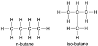 Structural formulas for n-butane and iso-butane.
